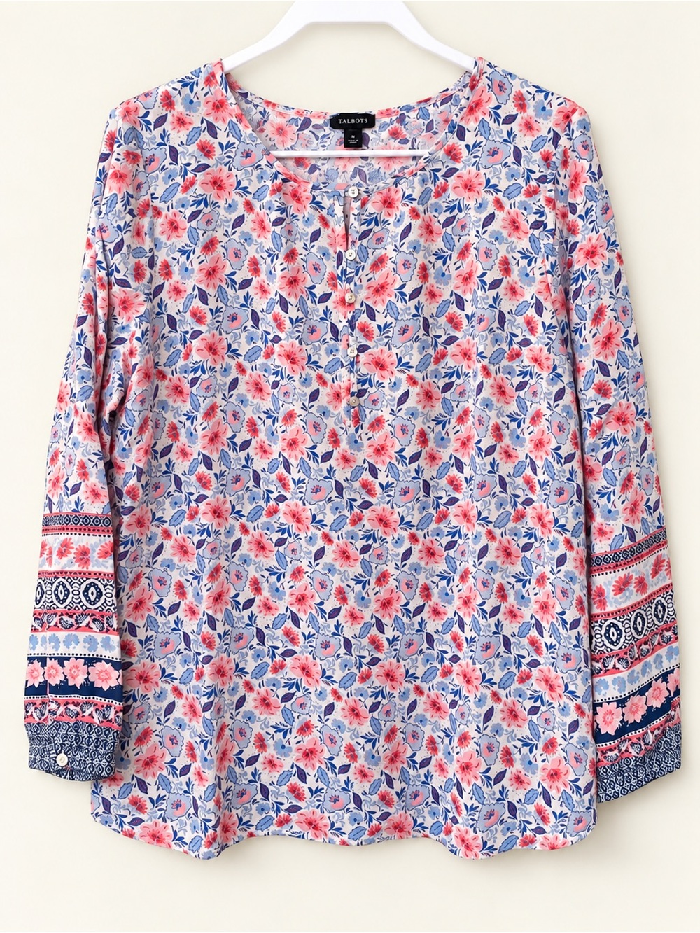 Talbots Pink and Blue Floral Henley Tunic with Patterned Sleeves